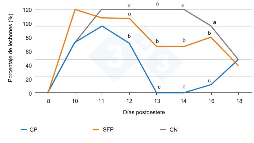 Figura 2. Efecto de la inoculaci&oacute;n de F4-ETEC (el d&iacute;a 10 postdestete) y porcentaje de lechones que excretan la bacteria (Fuente: Torres-Pitarch et al., 2025).&nbsp;Las letras diferentes en cada d&iacute;a representan diferencias significativas (p<0.05). CP = control positivo&nbsp;(colistina), CN = control negativo, SFP&nbsp;= soluci&oacute;n fitog&eacute;nica para piensos.
La colistina (Colisol 250 000 IE/ml) se&nbsp;utiliz&oacute;&nbsp;como control positivo y se aplic&oacute; a trav&eacute;s del agua de bebida entre el d8 y d14 postdestete. La colistina se&nbsp;us&oacute; como&nbsp;referencia frente a E. coli., incluso con las&nbsp;restricciones actuales sobre el uso de esta.
