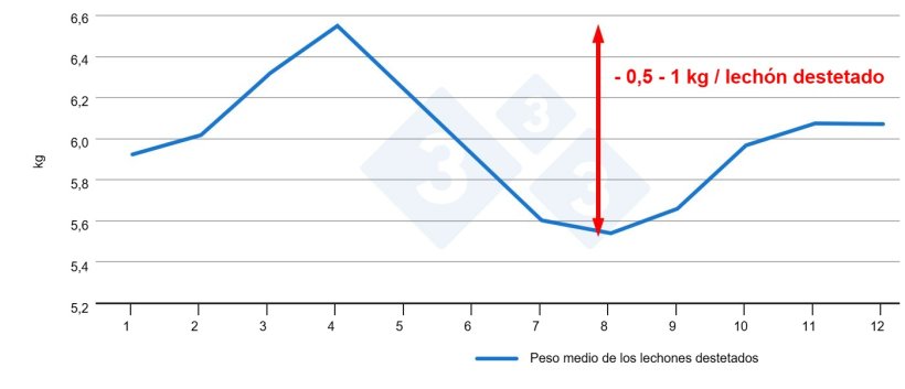 Figura 3. Peso lech&oacute;n al destete en funci&oacute;n del mes del a&ntilde;o (datos internos).
