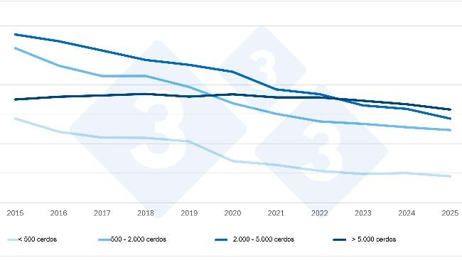 Evolución de las granjas porcinas en los Países Bajos por tamaño (2015-2025*). Datos provisionales para 2025. Fuente: Censo Agrícola de la CBS.