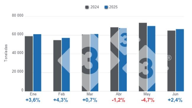 Gráfico 1: Producción mensual de carne de cerdo en el primer semestre de 2025, variaciones anuales.
Elaborado por el Departamento de Economía y Sostenibilidad de 333 Latinoamérica con datos de la Secretaría de Agricultura, Ganadería y Pesca del Ministerio de Economía de Argentina