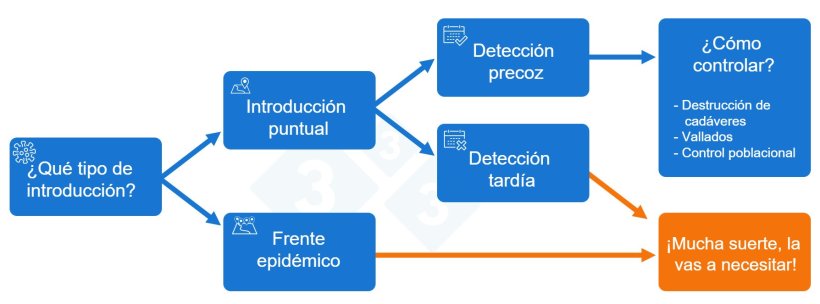 Figura 2. Esquema de decisi&oacute;n para la respuesta frente a la introducci&oacute;n de la Peste Porcina Africana (PPA)

