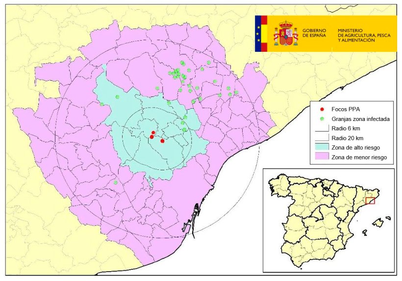 Localizaci&oacute;n de las explotaciones restringidas dentro de la zona infectada, con municipios en zona de alto y menor riesgo. (Fuente: MAPA)