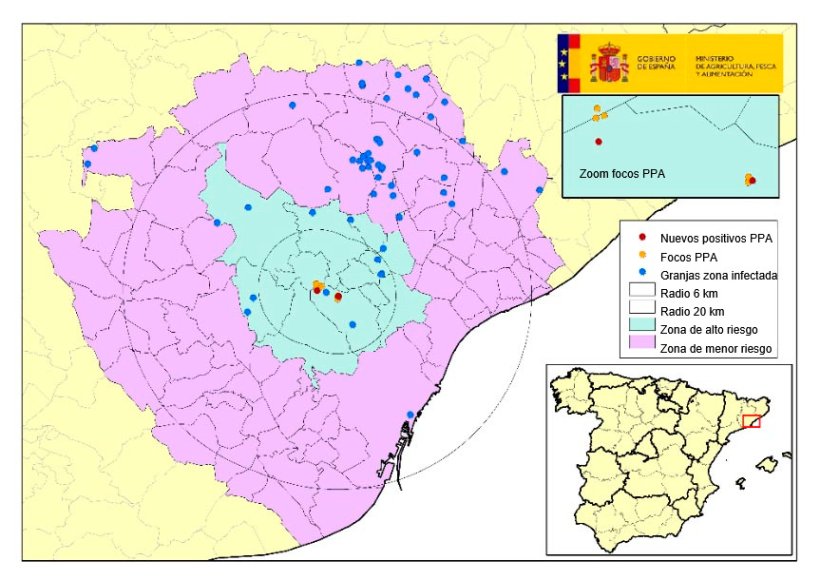 Localización de los 7 focos en jabalíes silvestres y de las explotaciones de porcino localizadas dentro de la zona infectada, con municipios en zona de alto y menor riesgo. (Fuente: MAPA).
