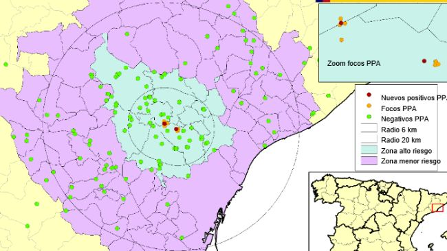 Localización de los 9 focos en jabalíes silvestres y de los jabalíes hallados muertos negativos detectados en Cataluña (Fuente: MAPA).