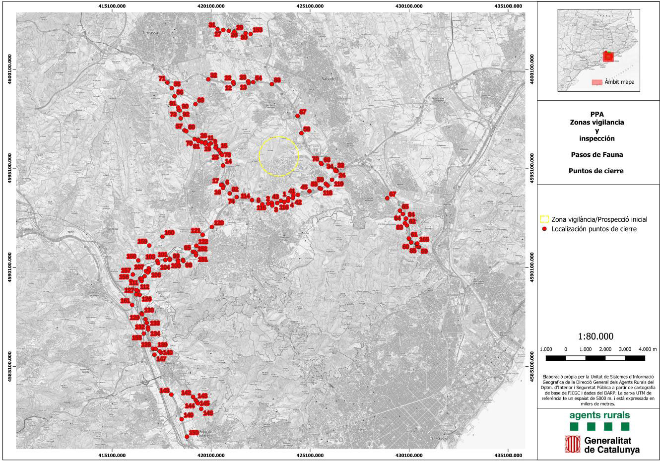 Figura 4. Puntos de control en zonas de vallados de la zona core y en parque natural de la Collserola