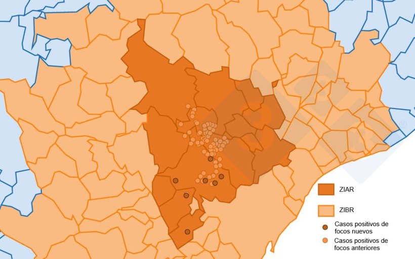 Localización detallada de los 162 casos de jabalíes silvestres detectados en la zona infectada. Círculo claro: casos de focos anteriores. Círculo oscuro: nuevos casos notificados (Fuente: Departament d’Agricultura, Ramaderia, Pesca i Alimentació).