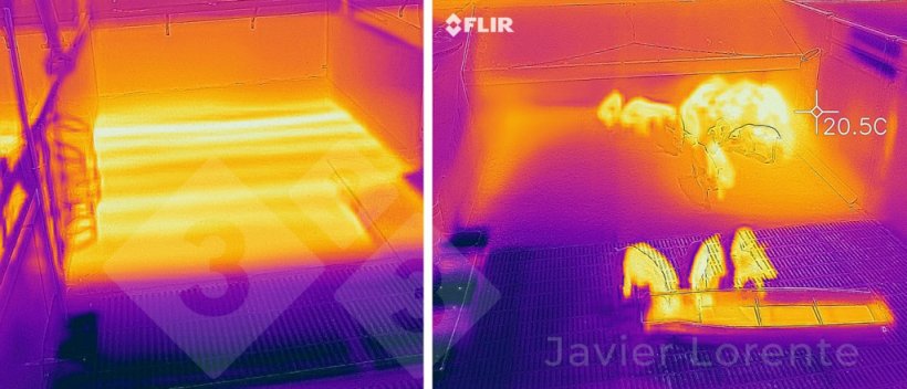 Photo 2 : &agrave; gauche : image thermographique d'un chauffage par le sol fonctionnant correctement. &Agrave; droite : image thermographique d'un chauffage par le sol d&eacute;fectueux avec une zone pratiquement inactive.
