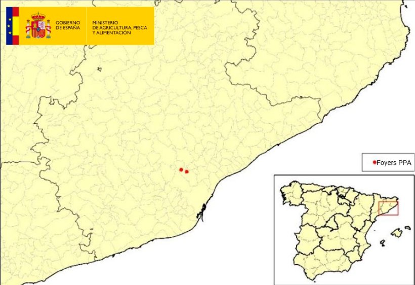 Localisation des 2 foyers de PPA chez les sangliers d&eacute;tect&eacute;s en Catalogne (Source : MAPA).