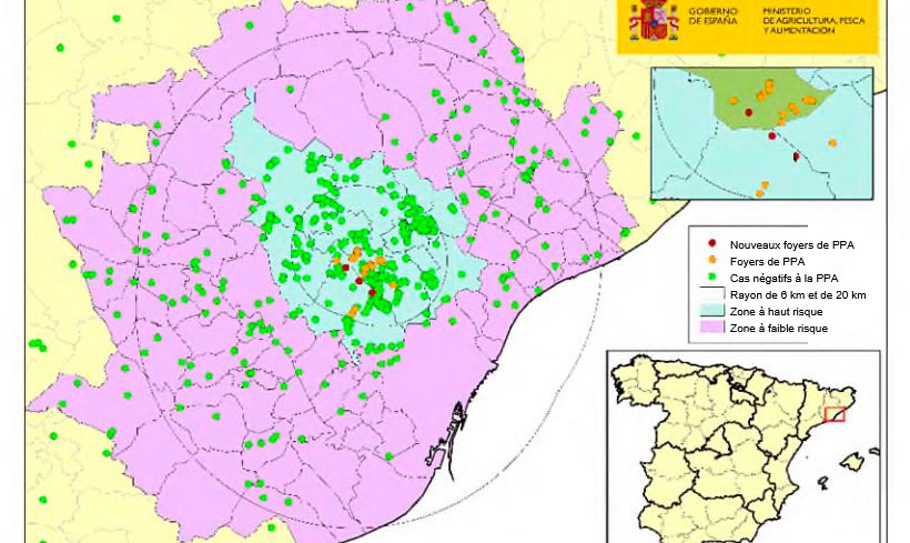 Localisation des 23 foyers chez les sangliers sauvages et des sangliers capturés ou retrouvés morts négatifs détectés en Catalogne (Source : MAPA).