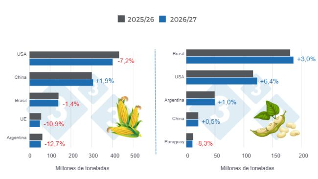 Graphique 1 : Projections de récolte des principaux producteurs mondiaux de maïs et de soja – campagne 2026/27 par rapport à 2025/26 – dernière mise à jour : 11 septembre 2026. Élaboré par le Département Économie et Durabilité de 333 Amérique latine à partir des données du FAS-USDA.
