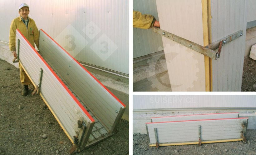 Trois panneaux isolants, du type de ceux utilis&eacute;s pour le bardage des hangars, sont boulonn&eacute;s sur trois cadres en fer en forme de U qui servent de support &agrave; la structure. Ces panneaux &eacute;tant l&eacute;gers (deux t&ocirc;les entre lesquelles se trouve l'isolant), ils conf&egrave;rent force et l&eacute;g&egrave;ret&eacute; &agrave; la structure qui peut &ecirc;tre facilement d&eacute;plac&eacute;e par une seule personne.

