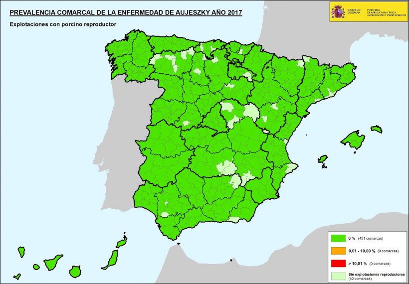 Mapa nacional de prevalencias en explotaciones con animales reproductores en 2017.
