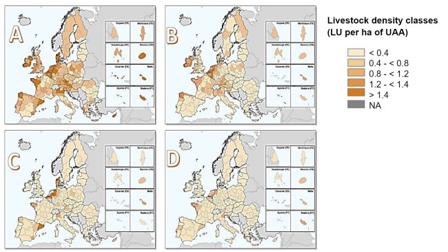Densidad de ganado en la Unión Europea en 2016 para: (a) todo el ganado, (b) bovino, (c) porcino y (d) aves de corral. Estimado dividiendo el número de unidades de ganado por la superficie agrícola utilizada (SAU) dentro de cada región NUTS 2. Fuente: Eurostat, marzo de 2020; mapas creados por Matteo Sposato, SRUC.