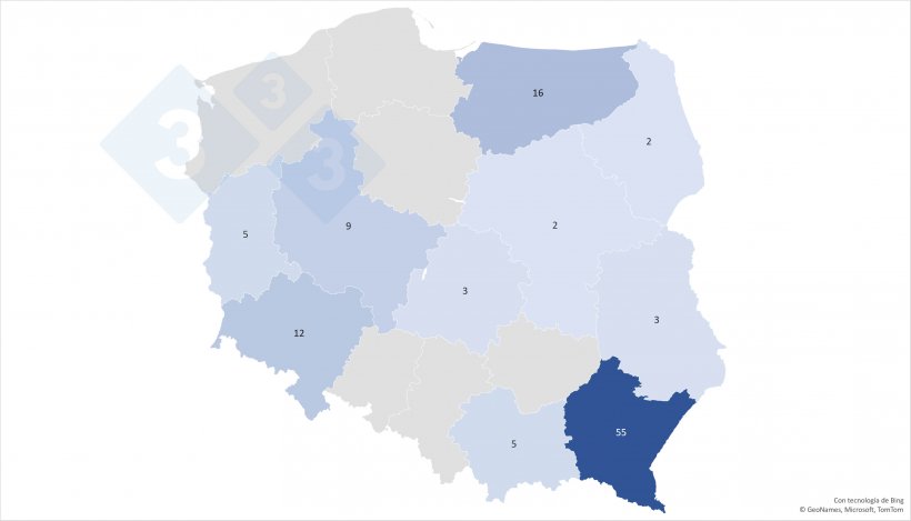 N&uacute;mero de brotes PPA en cada voivodato
