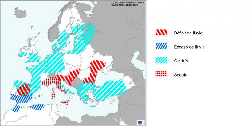 Mapa 1. Eventos climáticos extremos en Europa del 1 de marzo al 22 de marzo del 2022 (fuente: MARS Butlletin 26/04/2022).