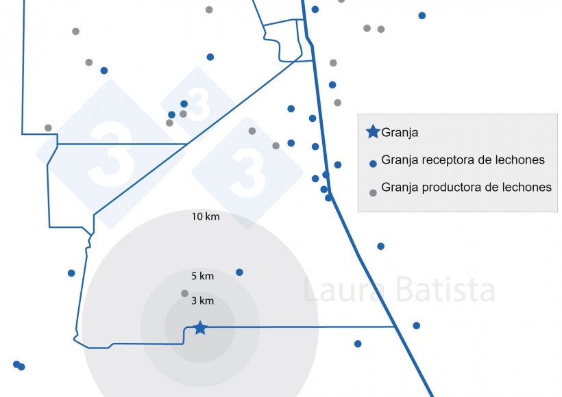 Figura 1. Localizaci&oacute;n de la granja y densidad de granjas de porcino en la zona
