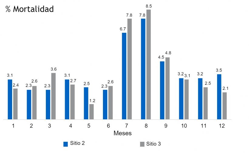 Figura&nbsp;&nbsp;2. % Mortalidad en nave 2 y 3
