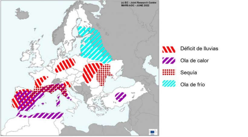 Mapa 1. Eventos climáticos extremos en Europa del 1 de mayo al 17 de junio del 2022 (fuente: MARS Butlletin 20/06/2022)