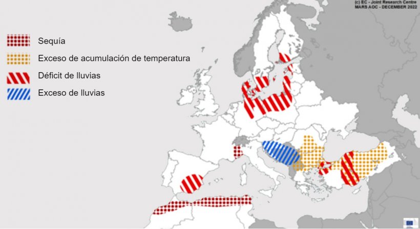 Mapa 1. Eventos climáticos extremos en Europa del 1 de noviembre al 15 de diciembre del 2022 (fuente: MARS Butlletin 19/12/2022)