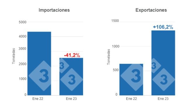 Gráfico 1: Comercio internacional de la carne de cerdo argentina en enero de 2023 versus mismo mes del año anterior. Elaborado por el Departamento de Economía e Inteligencia de Mercados con datos de la Secretaría de Agricultura, Ganadería y Pesca del Ministerio de Economía de Argentina.