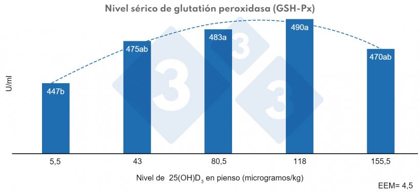 Figura 3. Efecto de distintos niveles de calcidiol (25(OH)D3) en la dieta de lechones destetados sobre el nivel s&eacute;rico de glutati&oacute;n peroxidase (GSH-Px). a, b: Distintas letras indican diferencias estad&iacute;sticamente significativas (P &lt; 0,01) Efecto cuadr&aacute;tico, P &lt; 0,01. Fuente: Yang y col. (2018)
