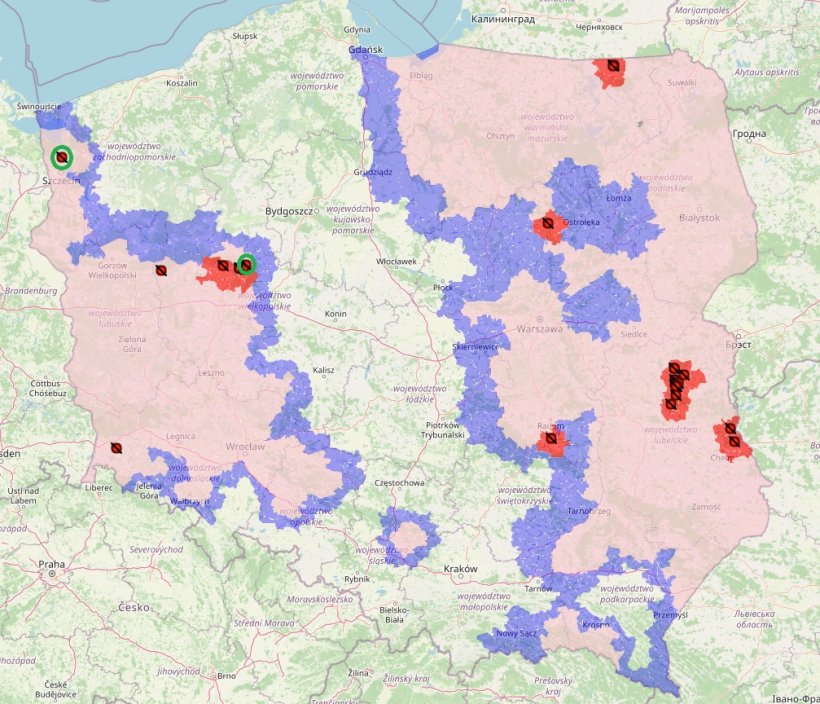 Dos nuevos focos de PPA en Polonia marcados en verde
