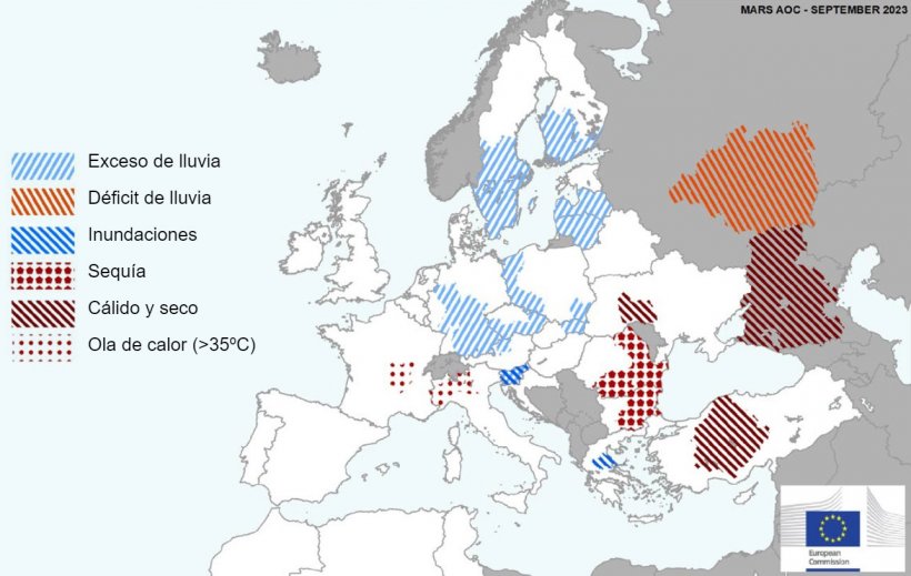 Mapa 1. Eventos climáticos extremos en Europa del 1 de agosto al 10 de septiembre del 2023 (fuente: MARS Bulletin 18/09/2023).