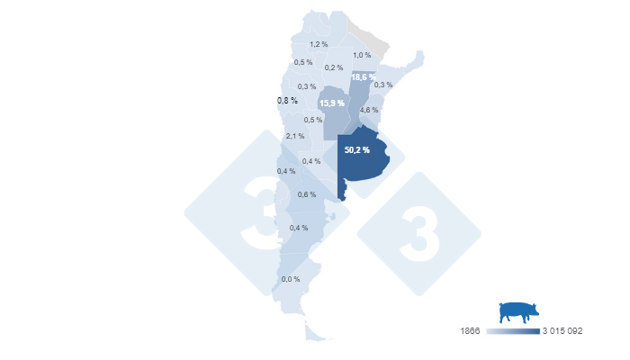 Mapa 1. Participaci&oacute;n de la faena de porcinos por provincia en el per&iacute;odo enero &ndash; septiembre de 2023.&nbsp;Elaborado por el Departamento de Econom&iacute;a e Inteligencia de Mercados de 333 Latinoam&eacute;rica con datos de la Secretar&iacute;a de Agricultura, Ganader&iacute;a y Pesca del Ministerio de Econom&iacute;a de Argentina.&nbsp;
