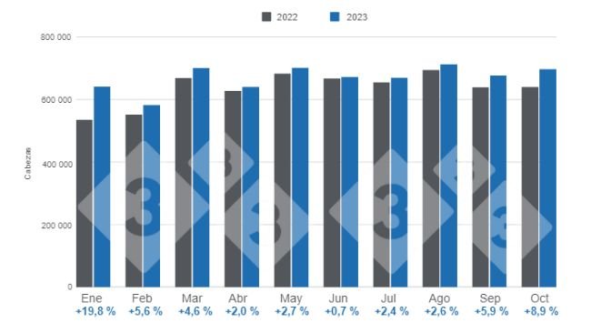 Gráfico 1. Beneficio mensual de porcinos en el período enero – octubre de 2023, variaciones respecto a 2022. Elaborado por el Departamento de Economía e Inteligencia de Mercados de 333 Latinoamérica con datos de la Secretaría de Agricultura, Ganadería y Pesca del Ministerio de Economía de Argentina. 