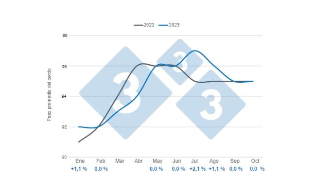 Gráfico 1. Evolución mensual del peso promedio de la res porcina en el período enero – octubre 2023, variación anual. Elaborado por el Departamento de Economía e Inteligencia de Mercados de 333 Latinoamérica con datos de la Secretaría de Agricultura, Ganadería y Pesca del Ministerio de Economía de Argentina 