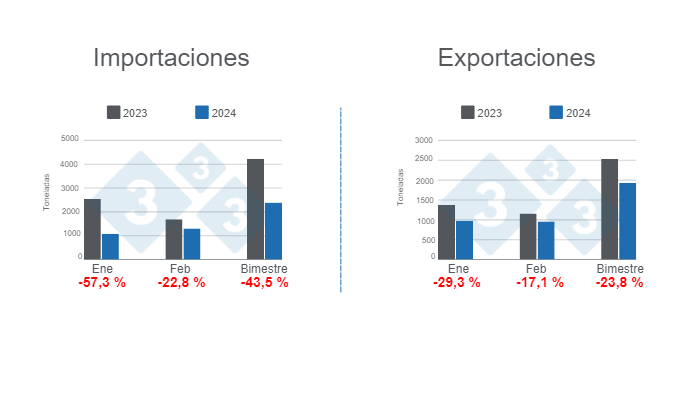 Gr&aacute;fico 1. Comercio internacional de la carne de cerdo en el primer bimestre de 2024, variaciones anuales.&nbsp;Elaborado por el Departamento de Econom&iacute;a e Inteligencia de Mercados de 333 Latinoam&eacute;rica con datos de la Secretar&iacute;a de Agricultura, Ganader&iacute;a y Pesca&nbsp;del Ministerio de Econom&iacute;a de Argentina.
