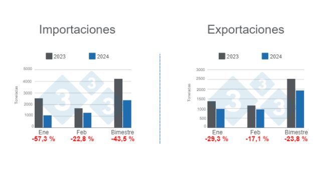 Gráfico 1. Comercio internacional de la carne de cerdo en el primer bimestre de 2024, variaciones anuales. Elaborado por el Departamento de Economía e Inteligencia de Mercados de 333 Latinoamérica con datos de la Secretaría de Agricultura, Ganadería y Pesca del Ministerio de Economía de Argentina.