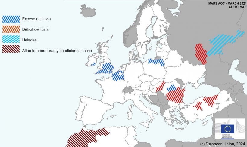 Mapa 1. Eventos climáticos extremos en Europa del 1 de febrero del 2024 al 16 de marzo del 2024 (fuente: MARS Butlletin 25/03/2024).