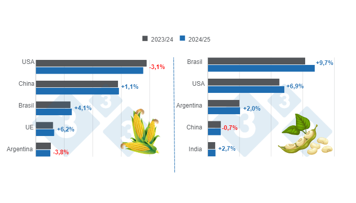 Gr&aacute;fico 1. Proyecci&oacute;n de cosecha para los principales productores mundiales de ma&iacute;z y soya - campa&ntilde;a 2024/25 versus ciclo 2023/24.&nbsp;Elaborado por el Departamento de Econom&iacute;a e Inteligencia de Mercados con datos de FAS &ndash; USDA.
