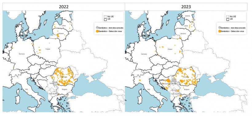 Distribución espacial de los brotes de PPA entre cerdos domésticos confirmados en 2022 (izquierda) y 2023 (derecha). Fuente: ADIS, consultado el 1 de febrero de 2024. © EuroGeographics para los límites administrativos.