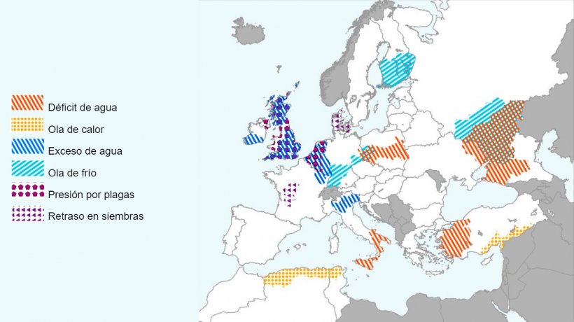 Mapa 1. Eventos climáticos extremos en Europa del 1 de abril del 2024 al 18 de mayo del 2024 (fuente: MARS Butlletin 27/05/2024).