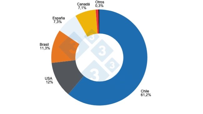 Gráfico 1: Participación de los países de origen en el total de las importaciones peruanas de productos y subproductos de cerdo en 2023. Elaborado por el Departamento de Economía e Inteligencia de Mercados con datos de la Superintendencia Nacional de Aduanas y de Administración Tributaria - SUNAT