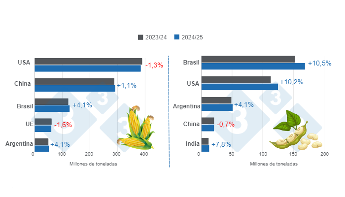 Gr&aacute;fico 1. Proyecci&oacute;n de cosecha para los principales productores mundiales de ma&iacute;z y soya - campa&ntilde;a 2024/25 versus ciclo 2023/24 &ndash; &uacute;ltima actualizaci&oacute;n: 12 de agosto de 2024.&nbsp;Elaborado por el Departamento de Econom&iacute;a e Inteligencia de Mercados con datos de FAS &ndash; USDA.
