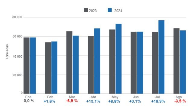 Gráfico 1. Producción mensual de carne de cerdo en el período enero – agosto de 2024, variaciones anuales. Elaborado por el Departamento de Economía e Inteligencia de Mercados de 333 Latinoamérica con datos de la Secretaría de Agricultura, Ganadería y Pesca del Ministerio de Economía de Argentina. 