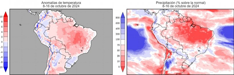 Previsi&oacute;n del clima en el hemisferio sur (fuente: Grads/Cola). Temperatura normal basada en registros de la CRU entre 1901-2000. Pluviometria normal derivada de Xie-Arkin (CMAP) entre 1979-2003.
