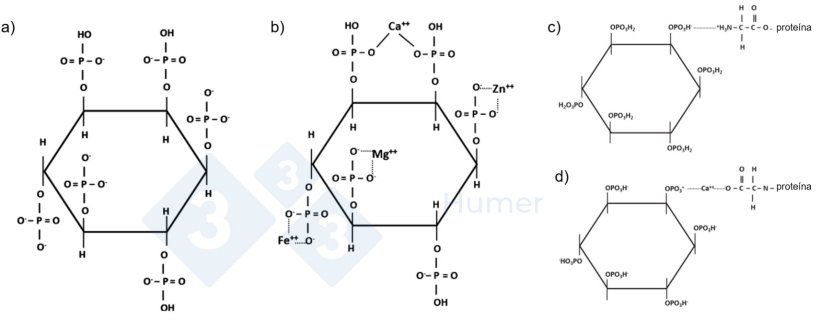 Figura 1. Estructura del &aacute;cido f&iacute;tico a pH neutro (a); estructura del &aacute;cido f&iacute;tico quelado a pH neutro con cationes (b); estructura del &aacute;cido f&iacute;tico quelado con prote&iacute;nas a pH &aacute;cido (c) y neutro (d). Adaptado de Humer et al. (2014).