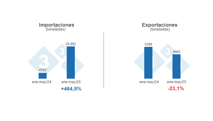 Gráfico 1: Volumen de las importaciones y exportaciones porcinas en el período enero - mayo de 2025, variaciones anuales.
Elaborado por el Departamento de Economía y Sostenibilidad de 333 Latinoamérica con datos de la Secretaría de Agricultura, Ganadería y Pesca del Ministerio de Economía de Argentina