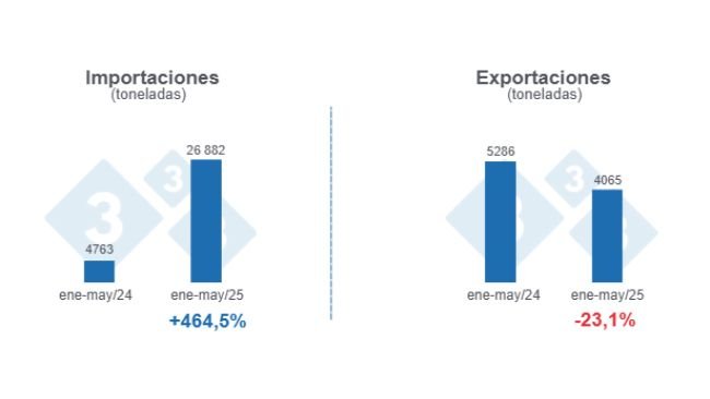Gráfico 1: Volumen de las importaciones y exportaciones porcinas en el período enero - mayo de 2025, variaciones anuales.
Elaborado por el Departamento de Economía y Sostenibilidad de 333 Latinoamérica con datos de la Secretaría de Agricultura, Ganadería y Pesca del Ministerio de Economía de Argentina