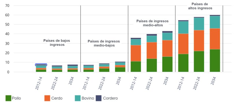 Consumo de carne per c&aacute;pita por grupo de ingresos y tipo de carne. Kilogramos/persona/a&ntilde;o (equivalente de peso al por menor). Fuente: OCDE/FAO (2025)&nbsp;"Perspectivas Agr&iacute;colas OCDE-FAO 2025-2034", https://www.agri-outlook.org/
