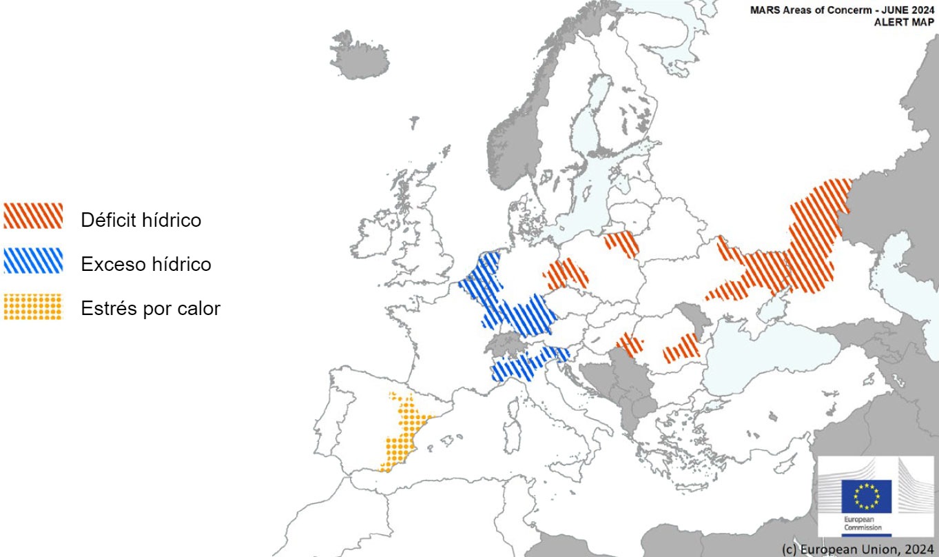 Mapa 1. Eventos climáticos extremos en Europa del 1 de mayo del 2024 al 15 de junio del 2024 (fuente: MARS Butlletin 24/06/2024).