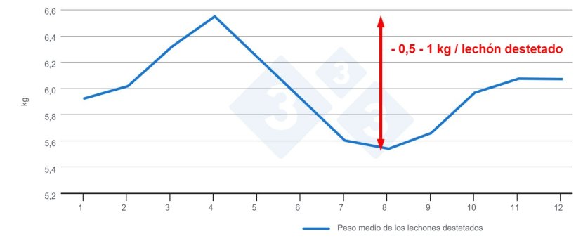 Figura 3. Peso lechón al destete en función del mes del año (datos internos).