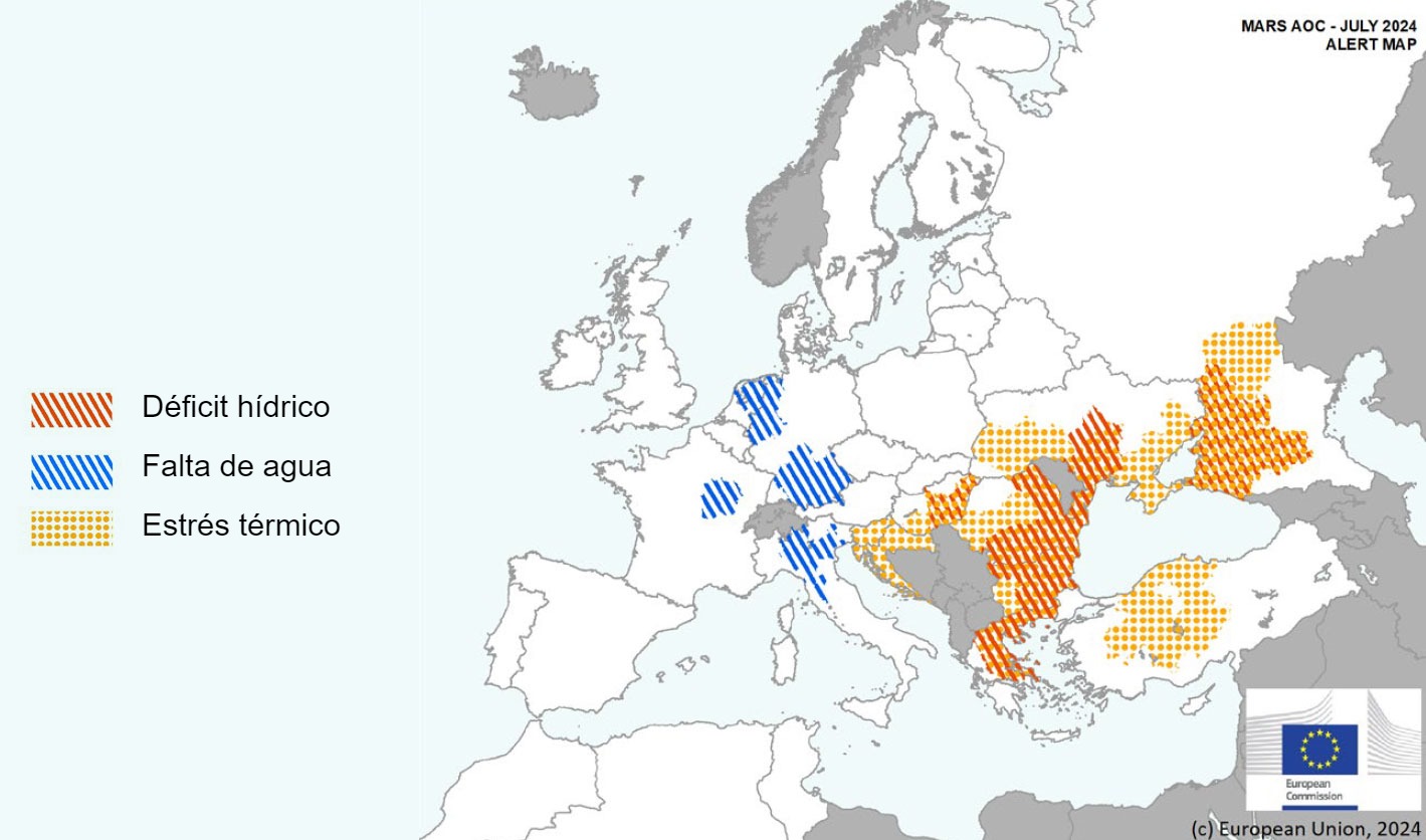 Mapa 1. Eventos climáticos extremos en Europa del 1 de junio del 2024 al 13 de julio del 2024 (fuente: MARS Bulletin 22/07/2024).