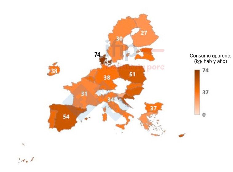 <p>Consumo aparente de carne de cerdo en 2023 en la UE-27 Fuente: Ifip a partir de datos del JRC.</p>
