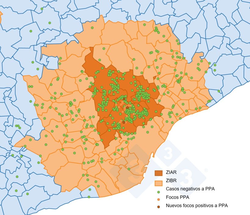 Localizaci&oacute;n de los 29 focos en jabal&iacute;es silvestres y de los jabal&iacute;es capturados o hallados muertos negativos detectados en Catalu&ntilde;a (elaboraci&oacute;n propia a partir de datos del&nbsp;MAPA).
