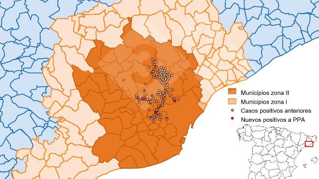 Localización detallada de los casos de jabalíes silvestres detectados en la zona restringida II (semana 18). Fuente: 333 a partir de datos del MAPA y SVO.